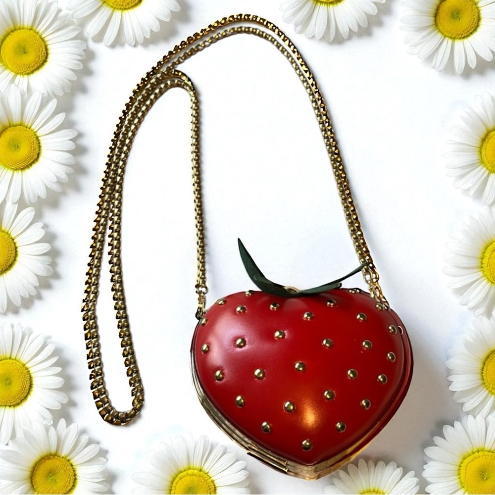 Vegan Leather Strawberry Mini Bag Red Studded Crossbody Chain Strap NWOT NEW